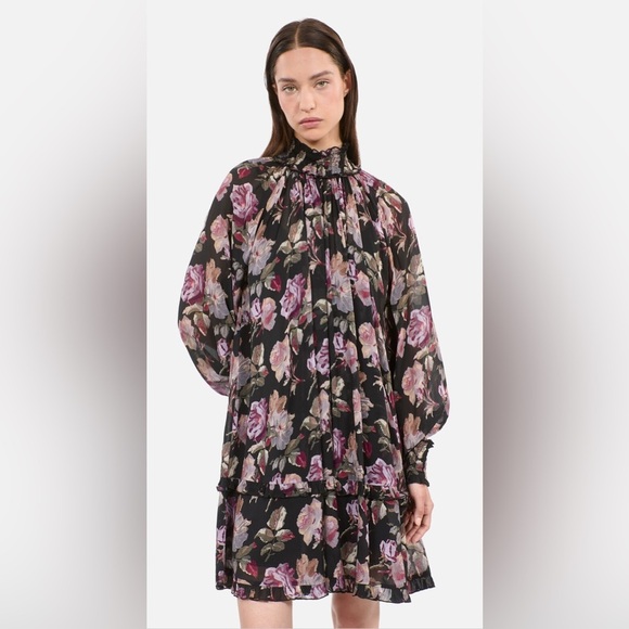 NWT $545 The Kooples Romantic Flowy Floral Black Mini Dress in English Roses - Picture 2 of 7